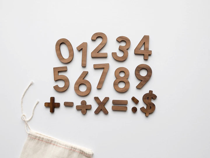 Wooden Number Set • Numerals & Math Equation Signs, Walnut - Gladfolk