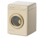 off white front loading washing machine with a gold colored door