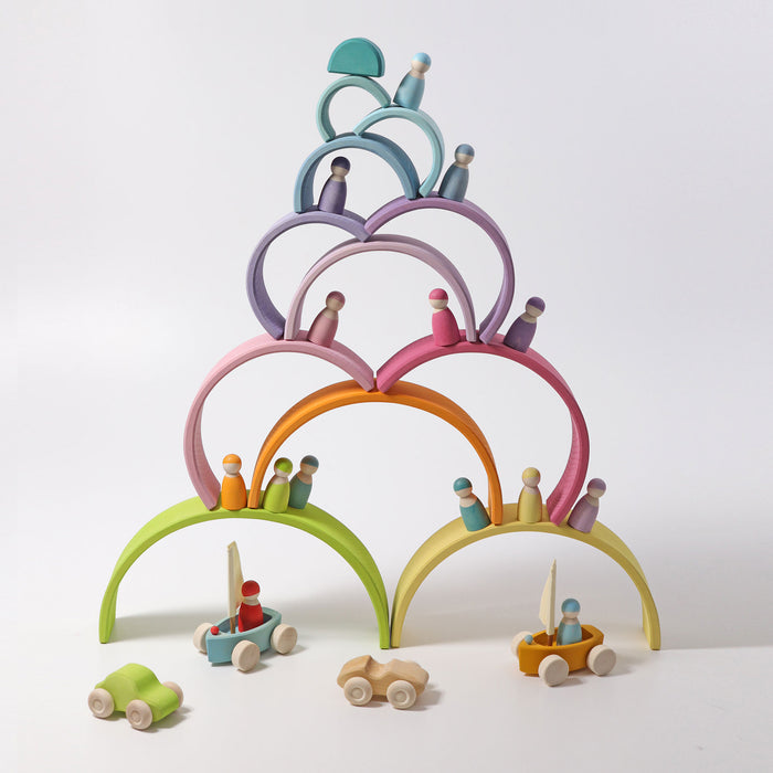 12-Piece Wooden Pastel Rainbow Stacking Tunnel - Grimm's Large Rainbow - Grimm's Wooden Toys