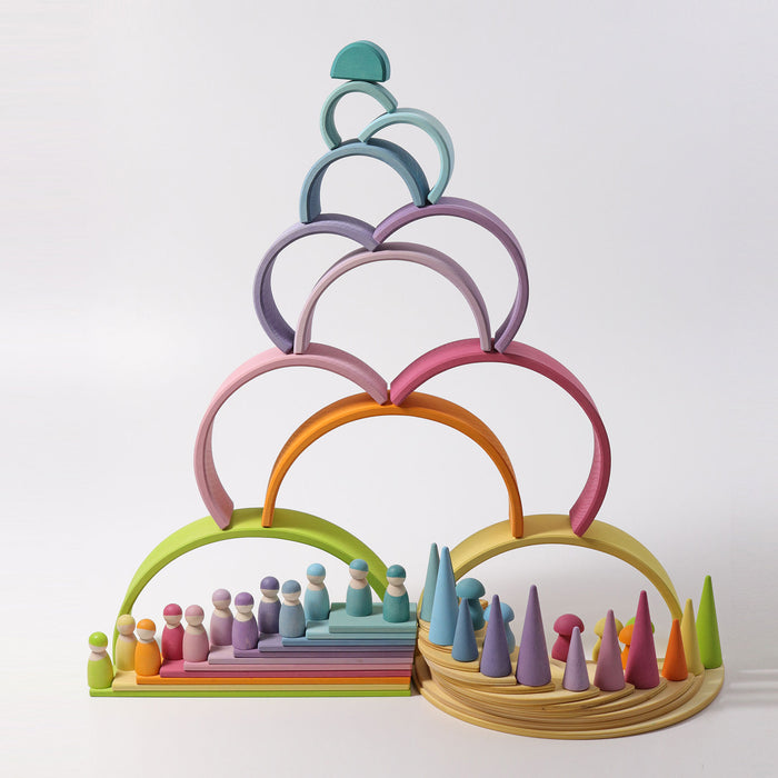 12-Piece Wooden Pastel Rainbow Stacking Tunnel - Grimm's Large Rainbow - Grimm's Wooden Toys