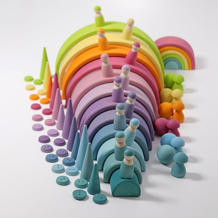 12-Piece Wooden Pastel Rainbow Stacking Tunnel - Grimm's Large Rainbow - Grimm's Wooden Toys