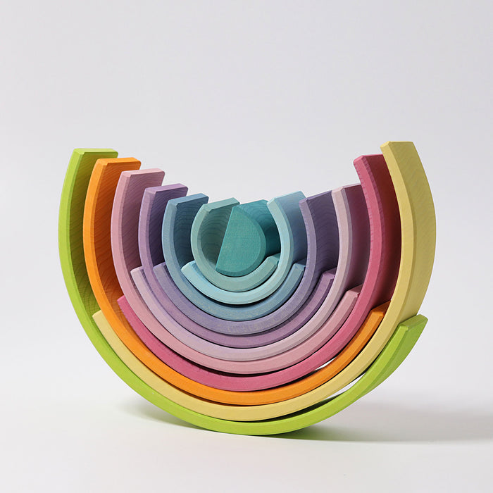 12-Piece Wooden Pastel Rainbow Stacking Tunnel - Grimm's Large Rainbow - Grimm's Wooden Toys