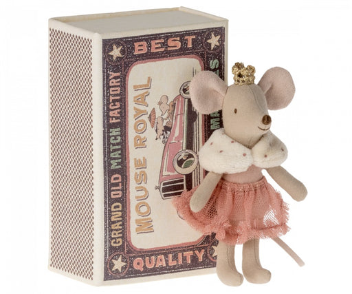Little Sister Mouse in a Match Box in a rose colored dress