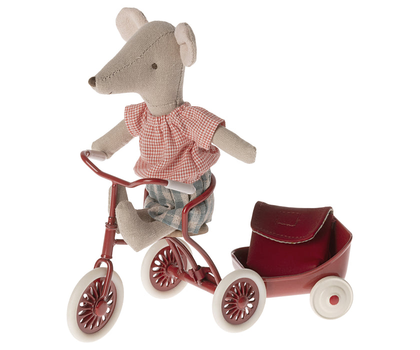 Tricycle Mouse Big Sister w/ Magnetic hands - Red with Light Blue Skirt - Maileg Mice