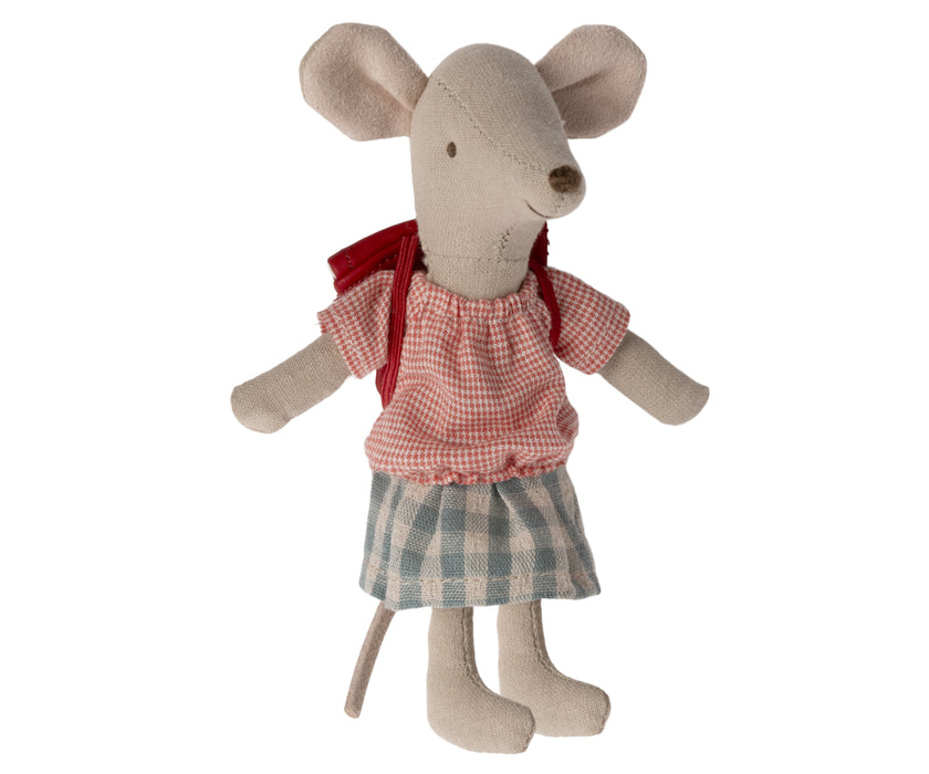 Tricycle Mouse Big Sister w/ Magnetic hands - Red with Light Blue Skirt - Maileg Mice