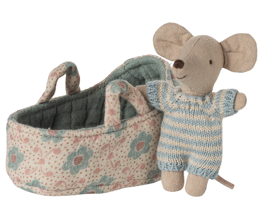 Baby Mouse in a Carry Cot  - Blue - Maileg