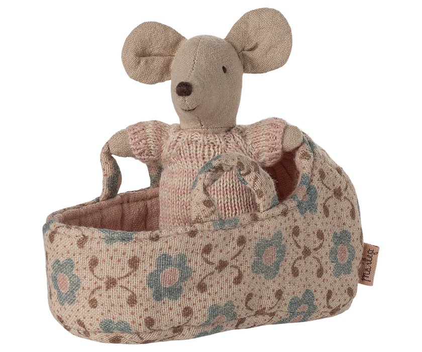 Baby Mouse in a Carry Cot  - Rose - Maileg