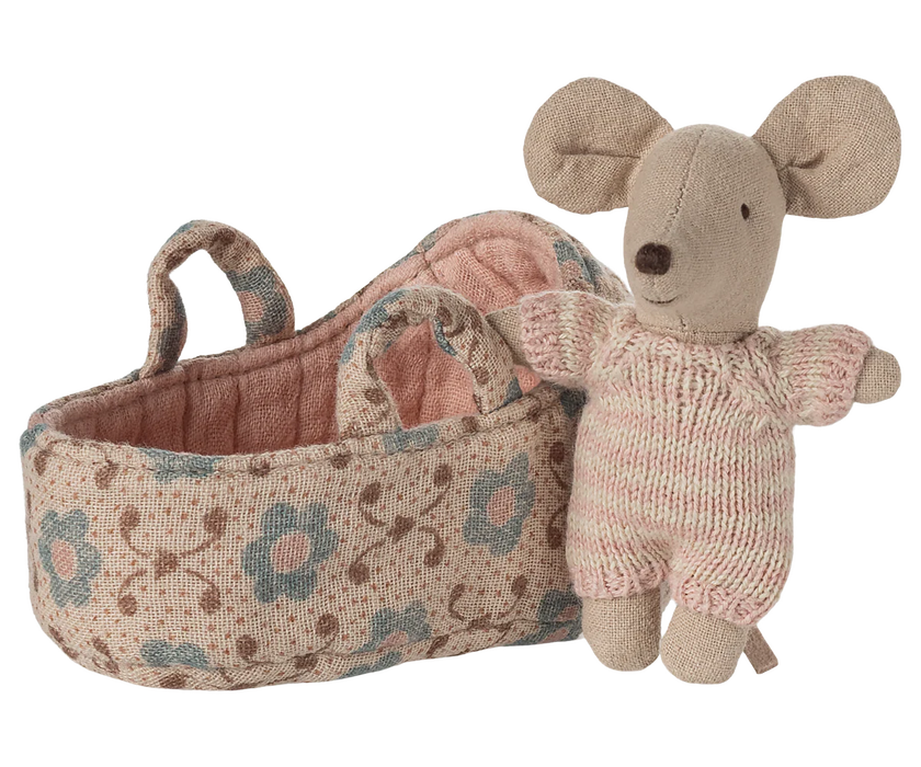 Baby Mouse in a Carry Cot  - Rose - Maileg