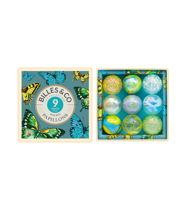 Blue Butterfly Shooters - Box Of Glass Shooters - 9 Large Marbles - Billes & Co