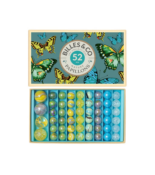 Blue Butterfly - Large Box Of Glass Marbles - 52 Marbles - Billes & Co
