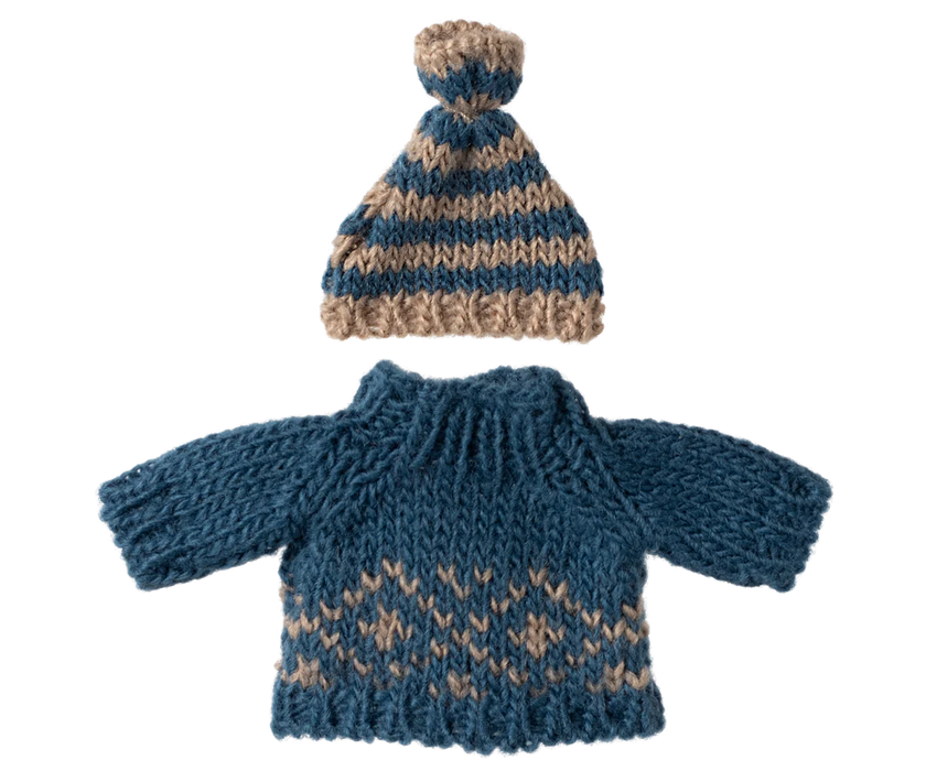 Blue Knitted Sweater and Hat - Dad/Mom Size - Mouse Clothing - Maileg