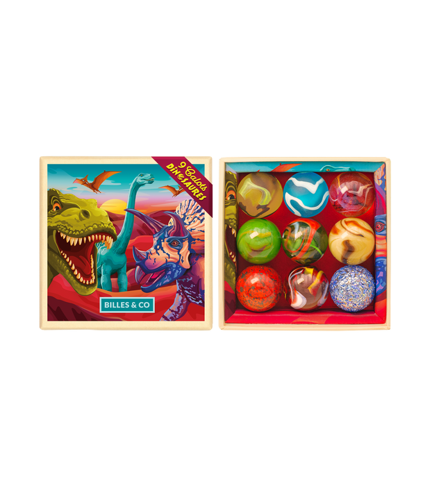 Dinosaurs Shooters - Box Of Glass Shooters - 9 Large Marbles - Billes & Co