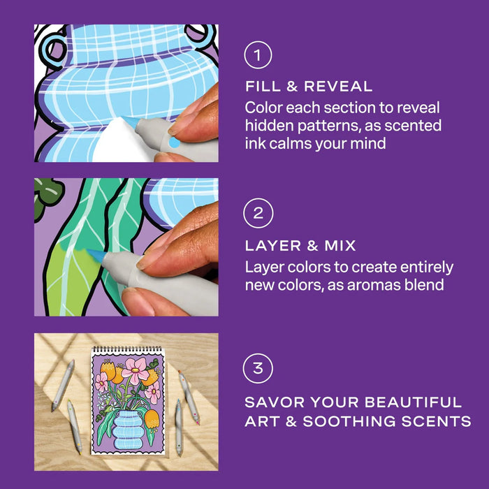Flowart - Color-To-Reveal  - Fragrant Blooms - Mindfulness Coloring Activity for Tweens, Teens & Adults