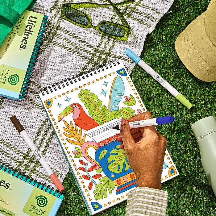 Flowart - Trace By Grove  - Jungle Oasis  - Screen-Free Mindfulness Art Activity for Tweens, Teens & Adults