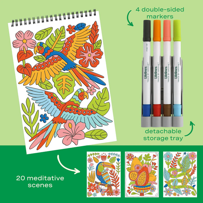 Flowart - Trace By Grove  - Jungle Oasis  - Screen-Free Mindfulness Art Activity for Tweens, Teens & Adults