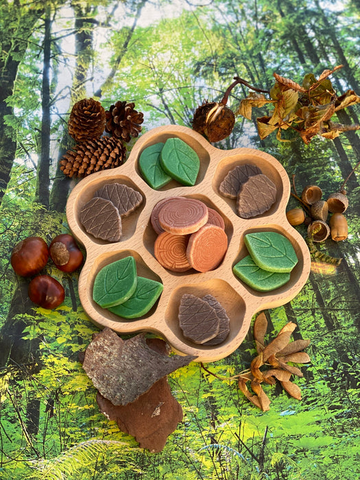 Forest play stones placed with nature treasures like acorns, pinecones, leaves and chestnuts