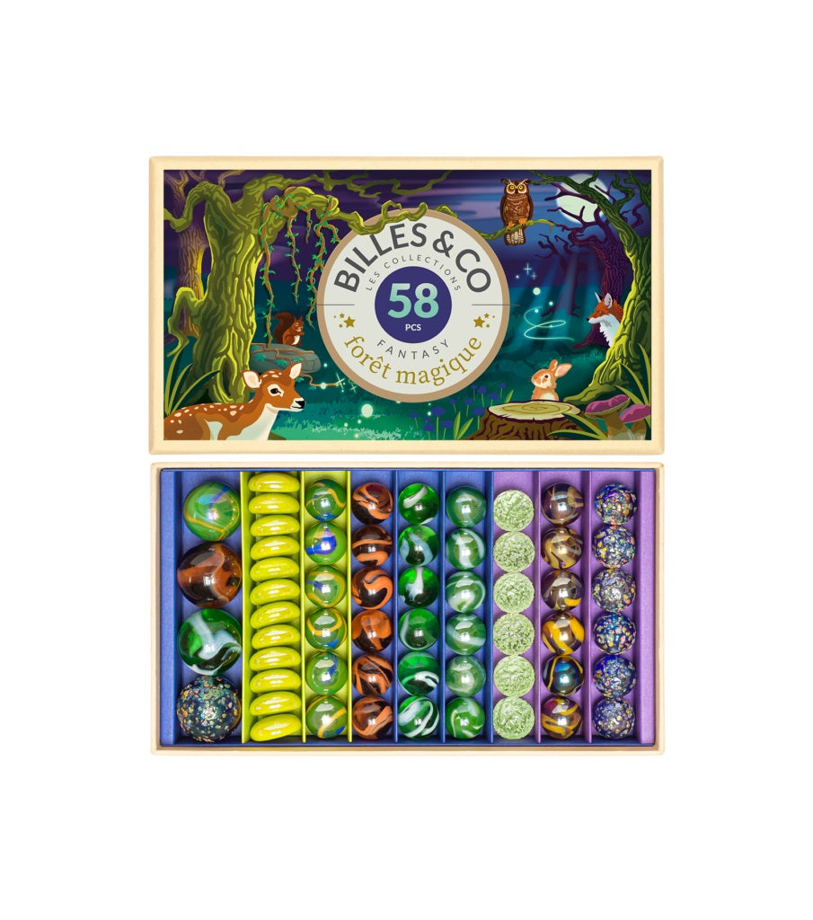 Magic Forest - Large Box Of Glass Marbles - 58 Marbles - Billes