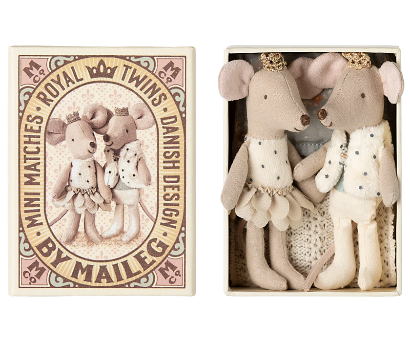 Maileg Royal Twin Mice in Matchbox – Little Sister & Brother with Crowns