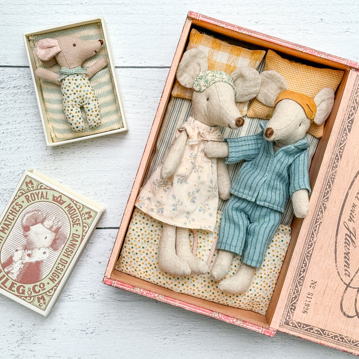 Mom, Dad, & Baby Mouse in a Cigar box – New Parents Set - Maileg Mice Set