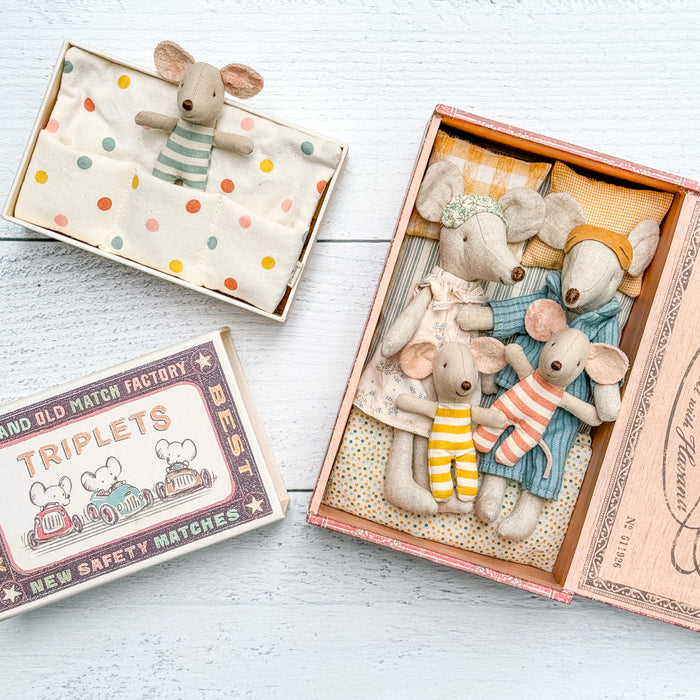 Mom, Dad, & Baby Mouse in a Cigar box – New Parents Set - Maileg Mice Set