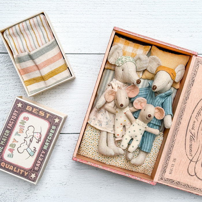 Mom, Dad, & Baby Mouse in a Cigar box – New Parents Set - Maileg Mice Set