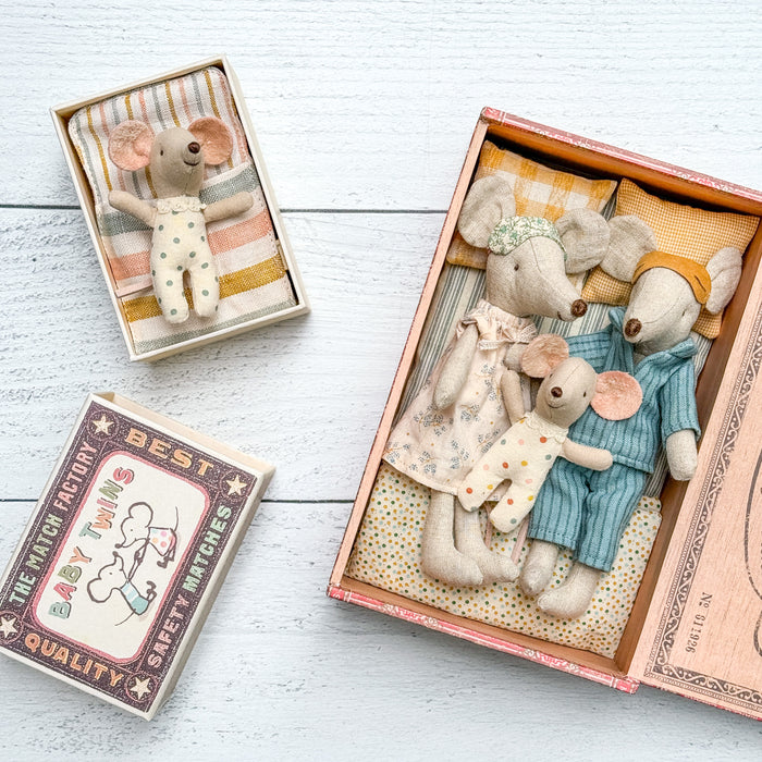 Mom, Dad, & Baby Mouse in a Cigar box – New Parents Set - Maileg Mice Set