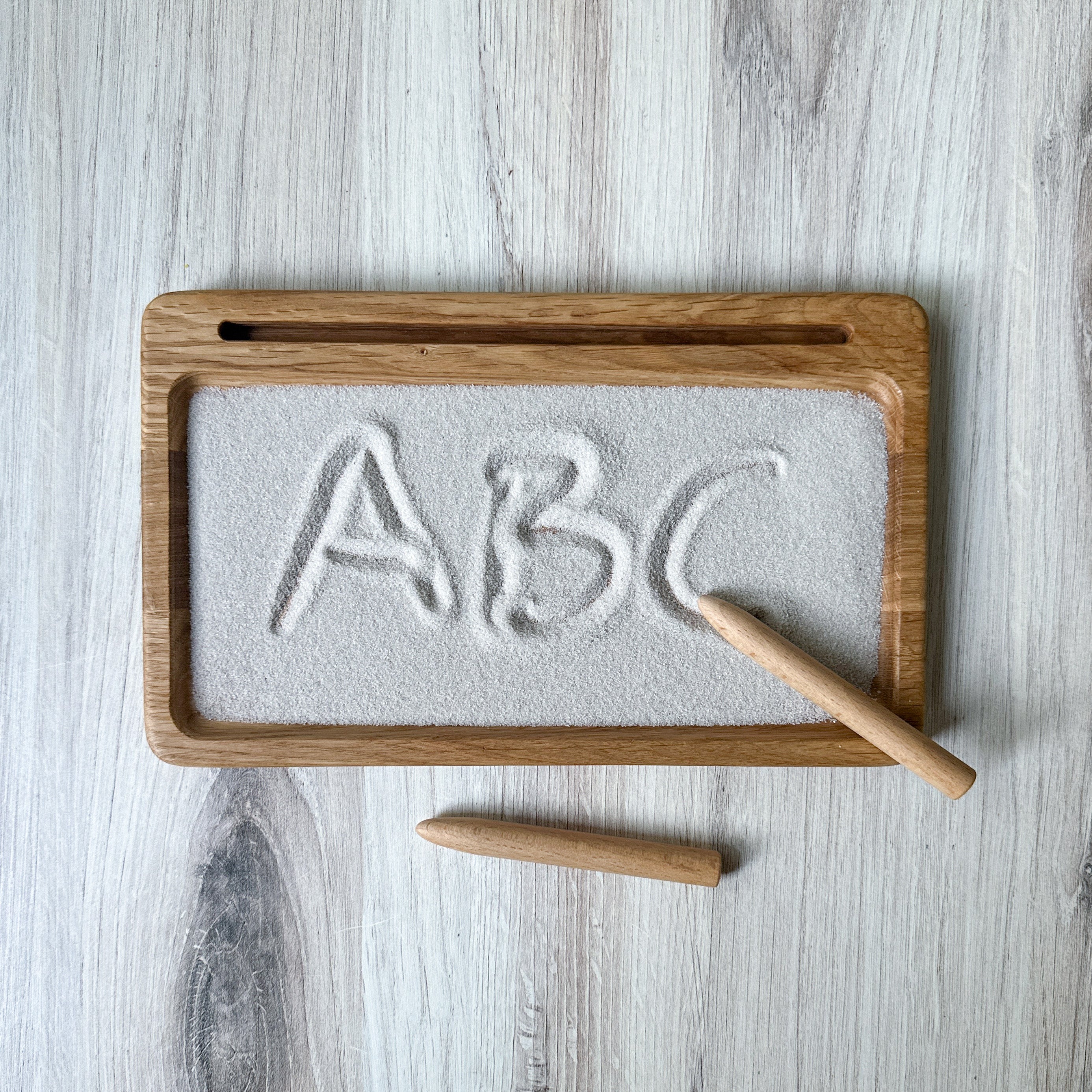 Montessori Sand Writing Tray with Flashcard Holder — Oak & Ever