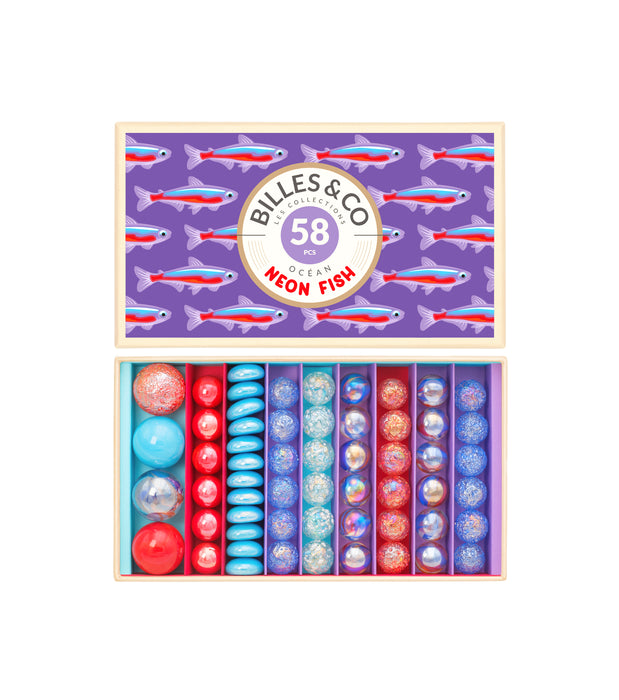 Neon Fish - Large Box Of Glass Marbels - 58 Marbles - Billes & Co