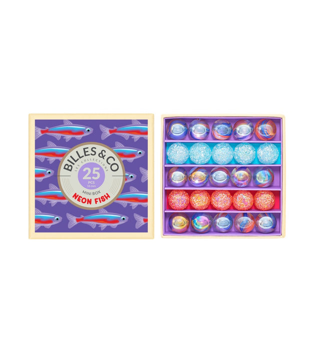 Neon fish themed set of 25 marbles in three different colors