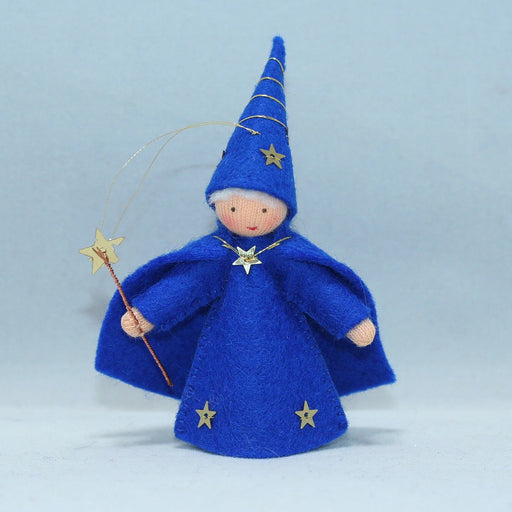 Blue colored felt wool wizard doll with wizard hat and a golden star wand
