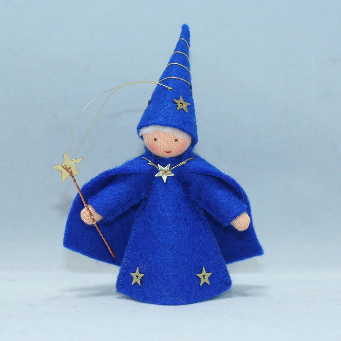 Blue colored felt wool wizard doll with wizard hat and a golden star wand