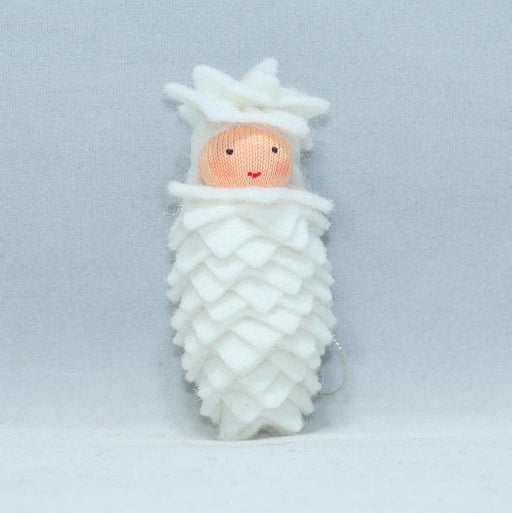 White colored light skin colored, Pine cone like hanging felt doll 