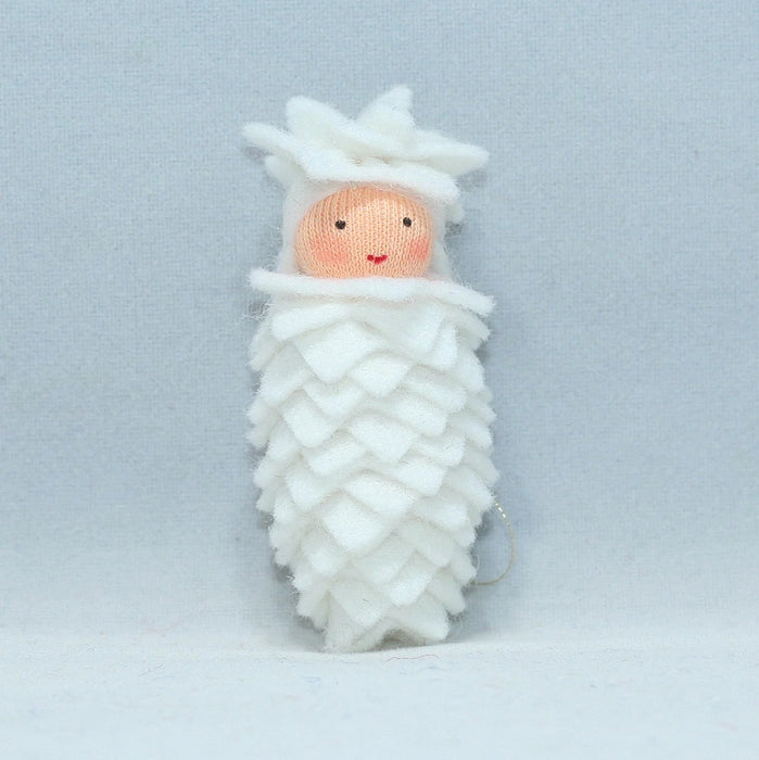 White colored light skin colored, Pine cone like hanging felt doll 