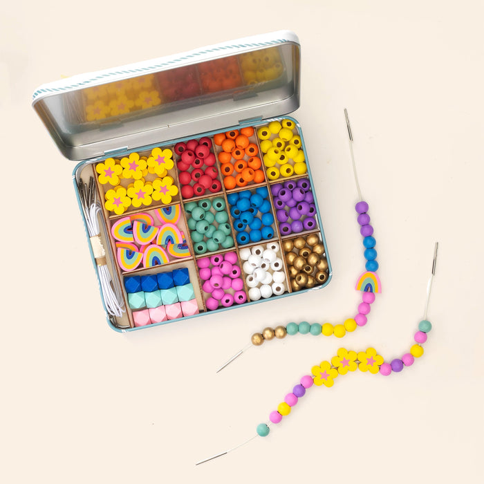 Rainbow & Flowers - Bracelet Making Kit - Wooden Beads - Kids Beading Craft Kit
