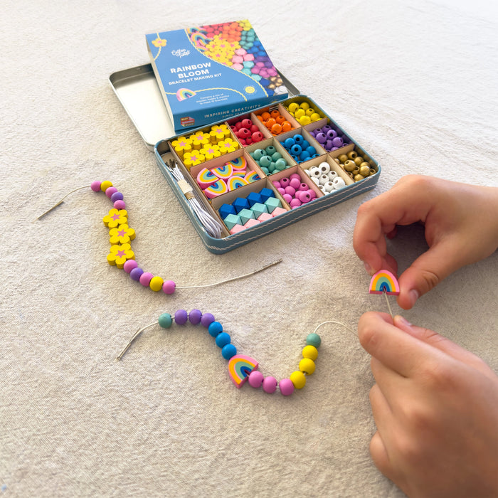 Rainbow & Flowers - Bracelet Making Kit - Wooden Beads - Kids Beading Craft Kit