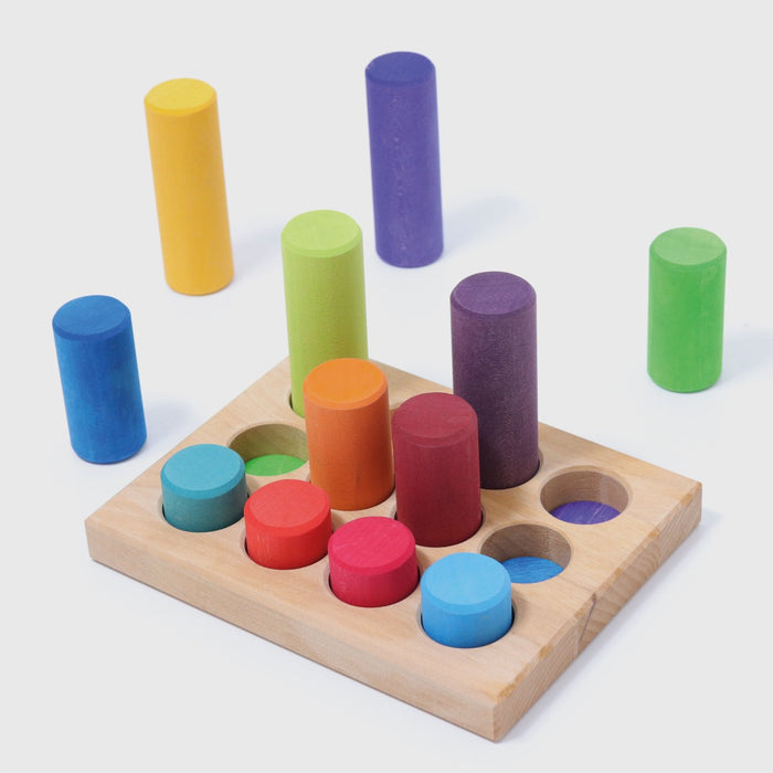 Small Wooden Building Rollers and Sorting Board- Rainbow - Grimm's Wooden Toys