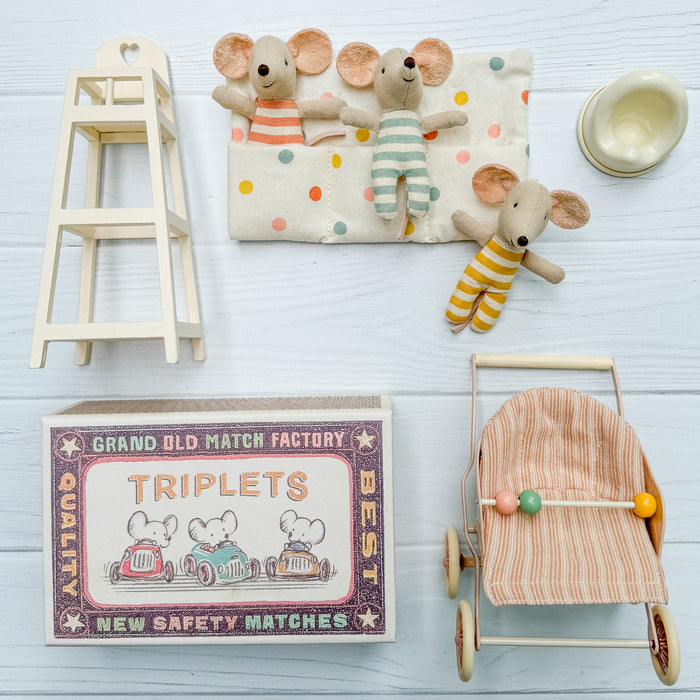 Triplet Baby Mice Play Set - Triplets, Highchair, Potty, and Stroller - Maileg