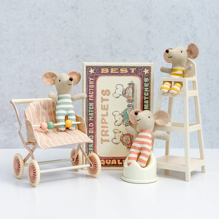 Triplet Baby Mice Play Set - Triplets, Highchair, Potty, and Stroller - Maileg