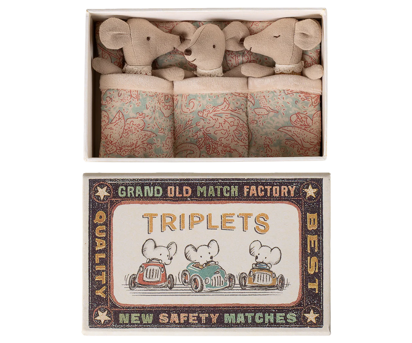 Triplets Mice in a Match Box - 3 Baby Mice in Checkered Onesies - Maileg