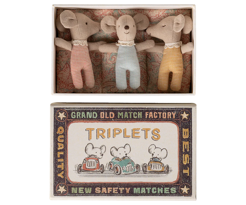 Triplets Mice in a Match Box - 3 Baby Mice in Checkered Onesies - Maileg