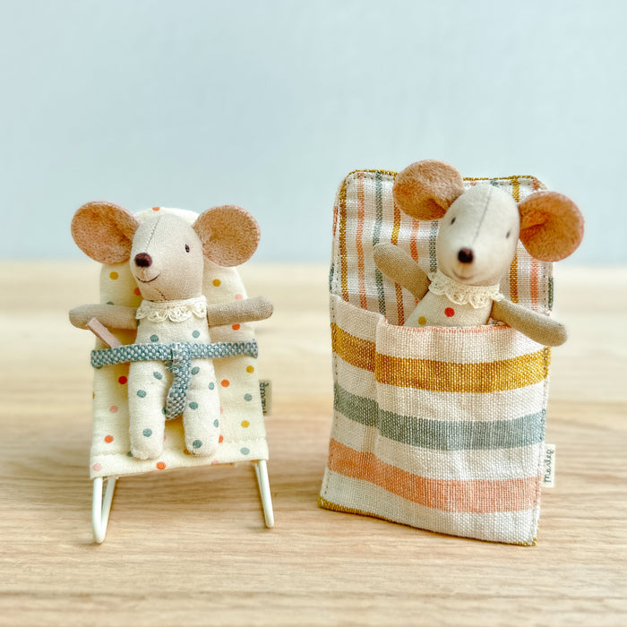 Twin Baby Mice Play Set – Twin Mice in a Box with Bouncer chair - Maileg
