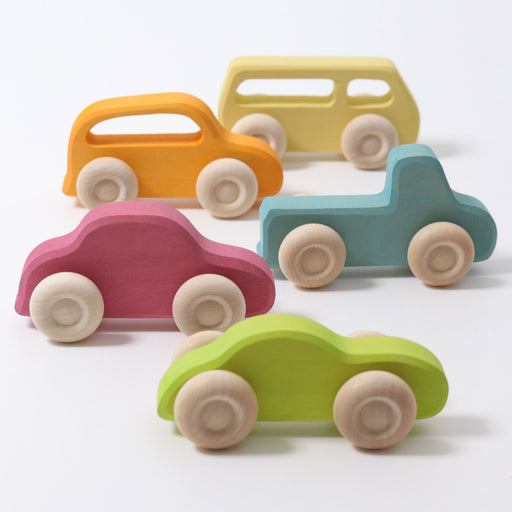 Pastel Wooden slimeline cars by grimm's show in a side view