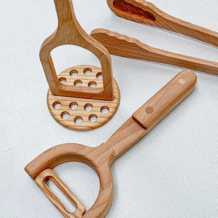 Wooden kitchen Utensil 3 Piece Set - Peeler, Masher, and Tongs - Play Food