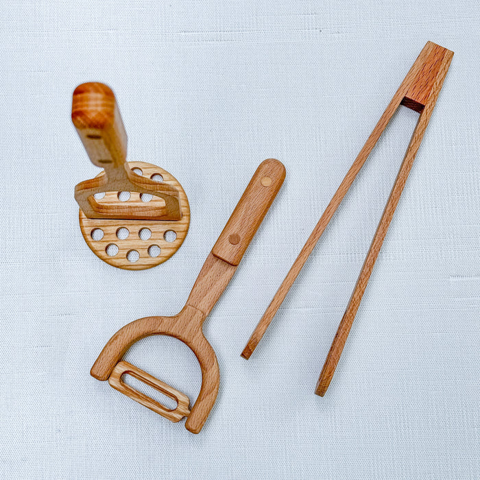 Wooden kitchen Utensil 3 Piece Set - Peeler, Masher, and Tongs - Play Food