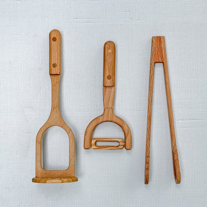 Wooden kitchen Utensil 3 Piece Set - Peeler, Masher, and Tongs - Play Food