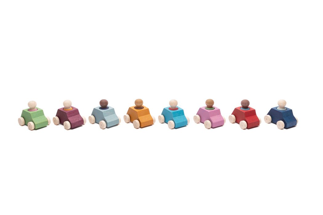 Wooden Toy Cars with Peg People - All Colors - 8 Pack - Lubulona