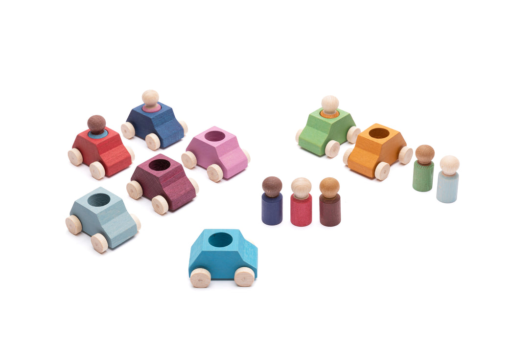 Wooden Toy Cars with Peg People - All Colors - 8 Pack - Lubulona