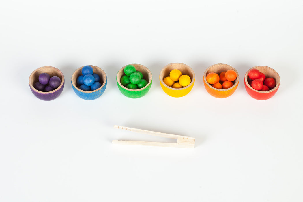 Bowls & Marbles – Rainbow Sorting Set of Wooden Bowls and Balls – Grapat