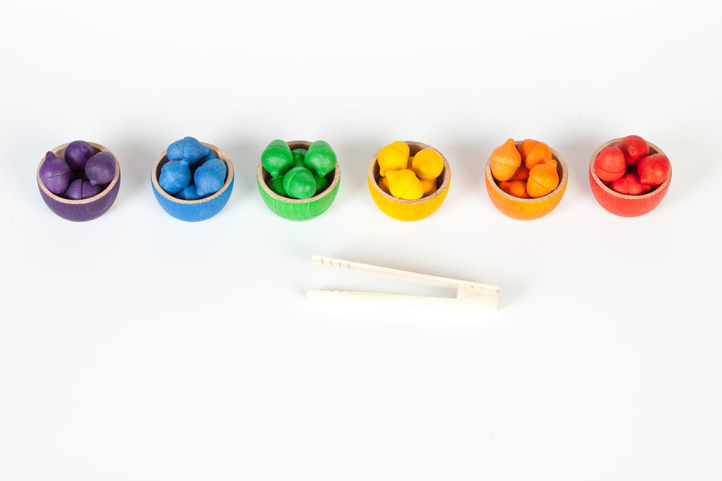 Bowls & Acorns – Rainbow Sorting Set of Wooden Bowls and Acorns – Grapat