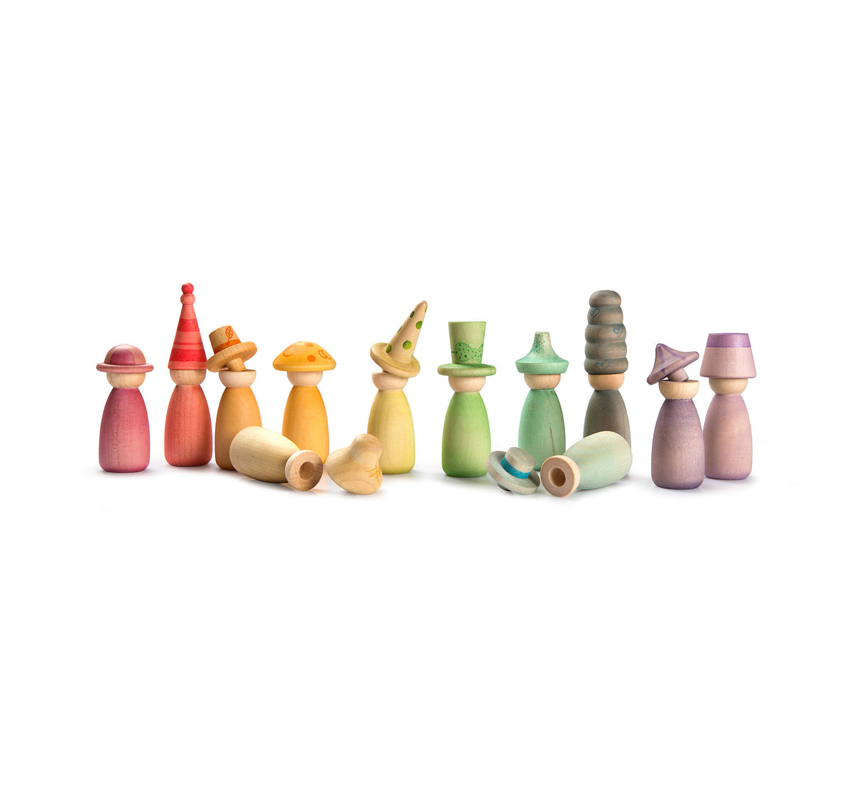 Fancy Nins– Twelve Rainbow Wooden Peg People with Hats - Grapat